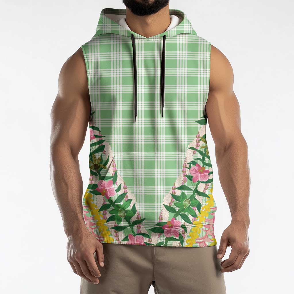 Hawaii Pikake Lokelani Plumeria Lei Sleeveless Hoodie Green Palaka Motifs LT05 - Polynesian Pride
