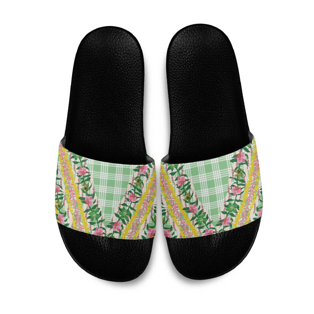Hawaii Pikake Lokelani Plumeria Lei Slide Sandals Green Palaka Motifs LT05 Green - Polynesian Pride
