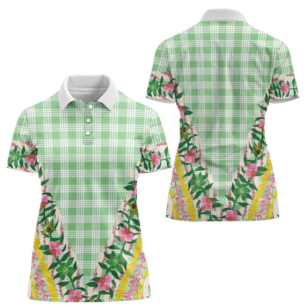 Hawaii Pikake Lokelani Plumeria Lei Women Polo Shirt Green Palaka Motifs