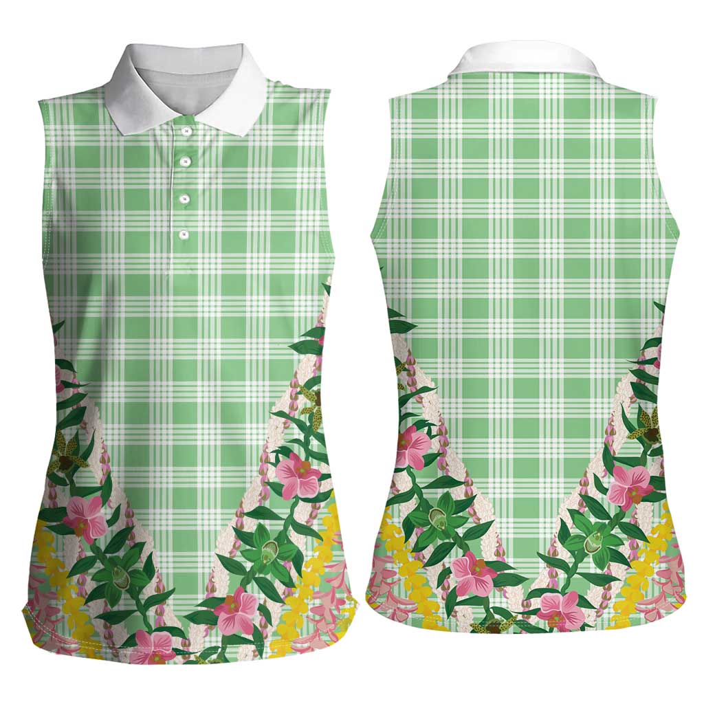 Hawaii Pikake Lokelani Plumeria Lei Women Sleeveless Polo Shirt Green Palaka Motifs