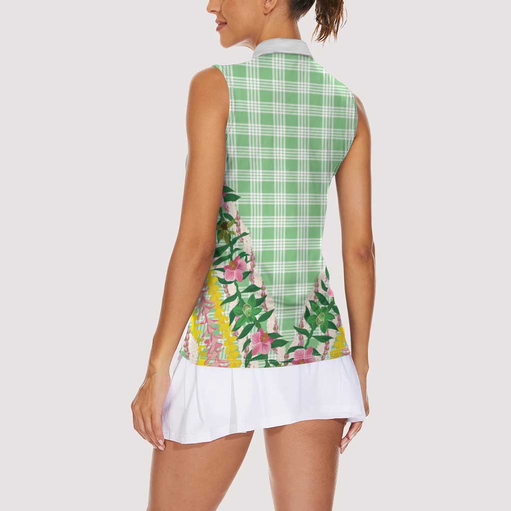 Hawaii Pikake Lokelani Plumeria Lei Women Sleeveless Polo Shirt Green Palaka Motifs