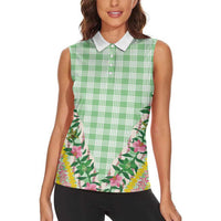 Hawaii Pikake Lokelani Plumeria Lei Women Sleeveless Polo Shirt Green Palaka Motifs