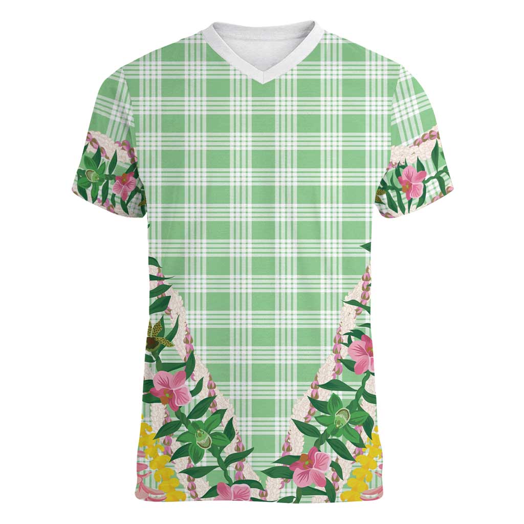 Hawaii Pikake Lokelani Plumeria Lei Women V-Neck T-Shirt Green Palaka Motifs LT05 Female Green - Polynesian Pride