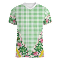 Hawaii Pikake Lokelani Plumeria Lei Women V-Neck T-Shirt Green Palaka Motifs
