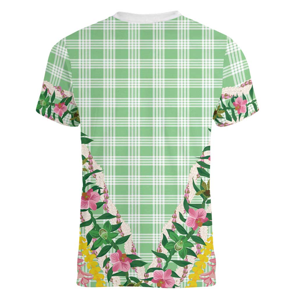 Hawaii Pikake Lokelani Plumeria Lei Women V-Neck T-Shirt Green Palaka Motifs