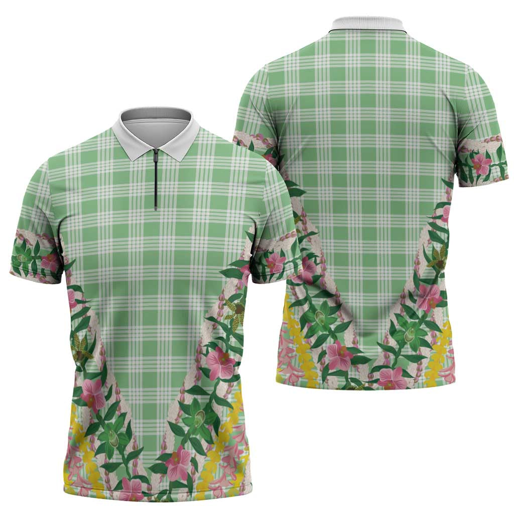 Hawaii Pikake Lokelani Plumeria Lei Zipper Polo Shirt Green Palaka Motifs LT05 - Polynesian Pride