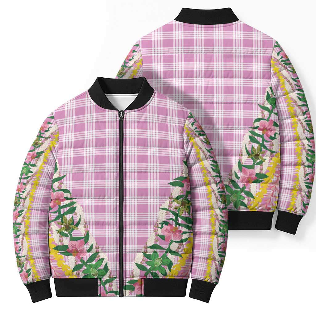 Hawaii Pikake Lokelani Plumeria Lei Bomber Puffer Jacket Pink Palaka Motifs LT05 - Polynesian Pride