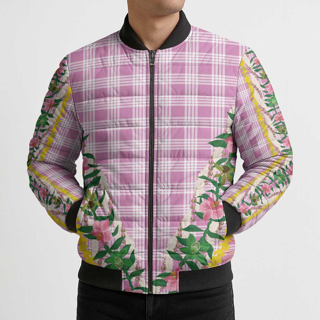 Hawaii Pikake Lokelani Plumeria Lei Bomber Puffer Jacket Pink Palaka Motifs LT05 - Polynesian Pride