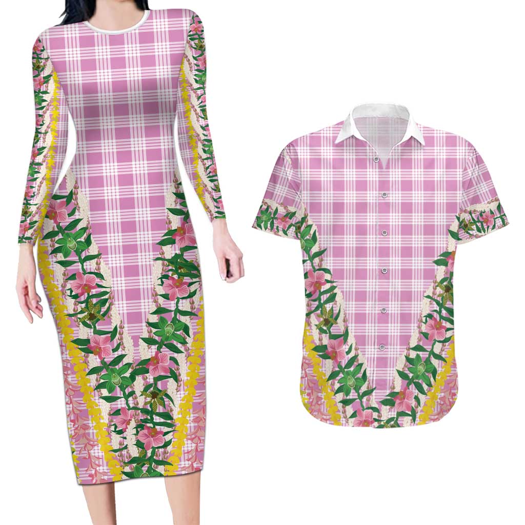 Hawaii Pikake Lokelani Plumeria Lei Couples Matching Long Sleeve Bodycon Dress and Hawaiian Shirt Pink Palaka Motifs LT05 Pink - Polynesian Pride