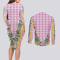 Hawaii Pikake Lokelani Plumeria Lei Couples Matching Long Sleeve Bodycon Dress and Long Sleeve Button Shirt Pink Palaka Motifs