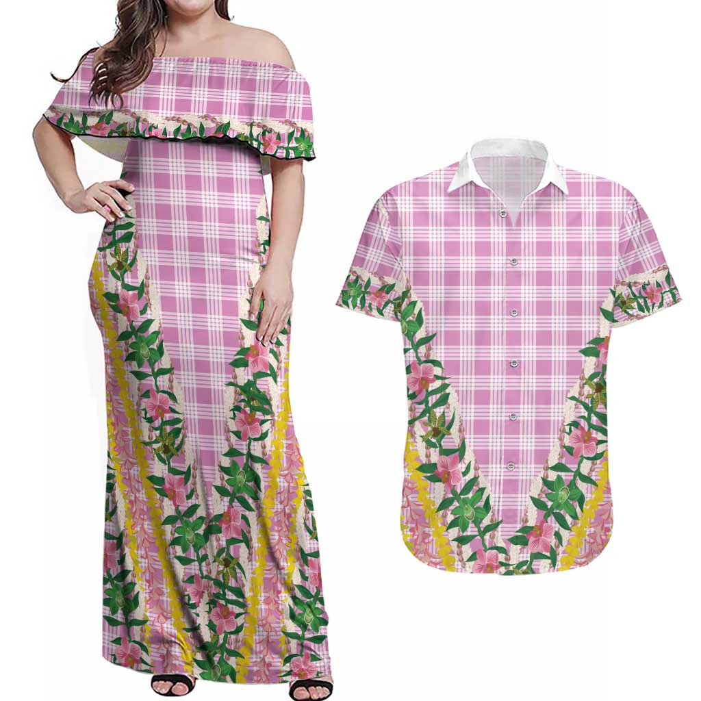 Hawaii Pikake Lokelani Plumeria Lei Couples Matching Off Shoulder Maxi Dress and Hawaiian Shirt Pink Palaka Motifs