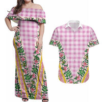 Hawaii Pikake Lokelani Plumeria Lei Couples Matching Off Shoulder Maxi Dress and Hawaiian Shirt Pink Palaka Motifs