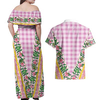Hawaii Pikake Lokelani Plumeria Lei Couples Matching Off Shoulder Maxi Dress and Hawaiian Shirt Pink Palaka Motifs