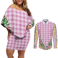 Hawaii Pikake Lokelani Plumeria Lei Couples Matching Off Shoulder Short Dress and Long Sleeve Button Shirt Pink Palaka Motifs