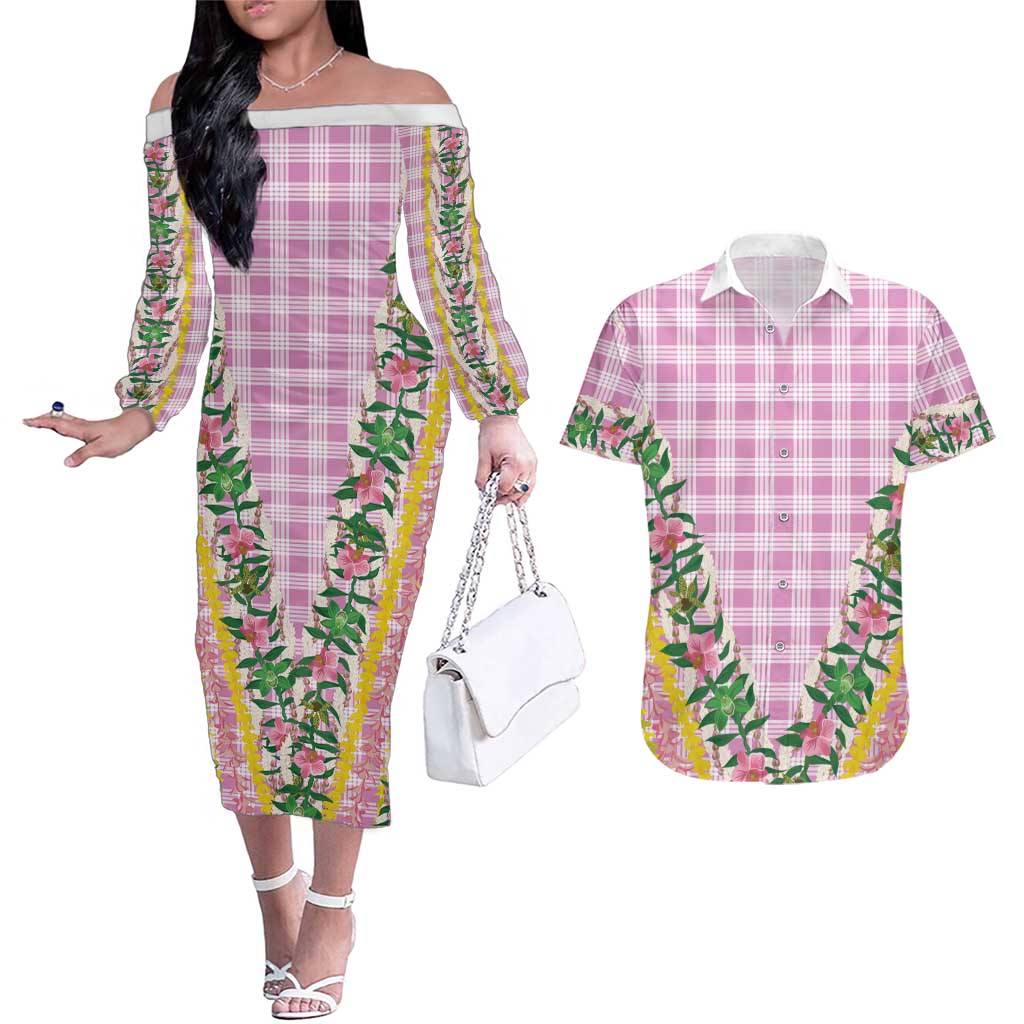 Hawaii Pikake Lokelani Plumeria Lei Couples Matching Off The Shoulder Long Sleeve Dress and Hawaiian Shirt Pink Palaka Motifs LT05 Pink - Polynesian Pride