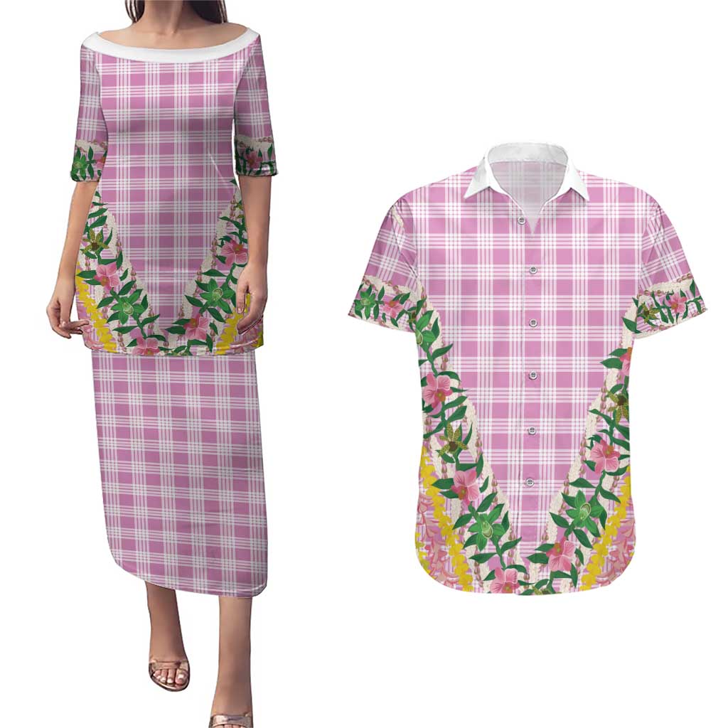 Hawaii Pikake Lokelani Plumeria Lei Couples Matching Puletasi and Hawaiian Shirt Pink Palaka Motifs