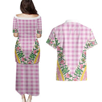 Hawaii Pikake Lokelani Plumeria Lei Couples Matching Puletasi and Hawaiian Shirt Pink Palaka Motifs
