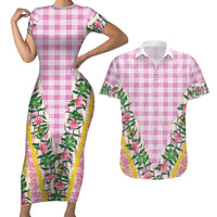 Hawaii Pikake Lokelani Plumeria Lei Couples Matching Short Sleeve Bodycon Dress and Hawaiian Shirt Pink Palaka Motifs LT05 Pink - Polynesian Pride