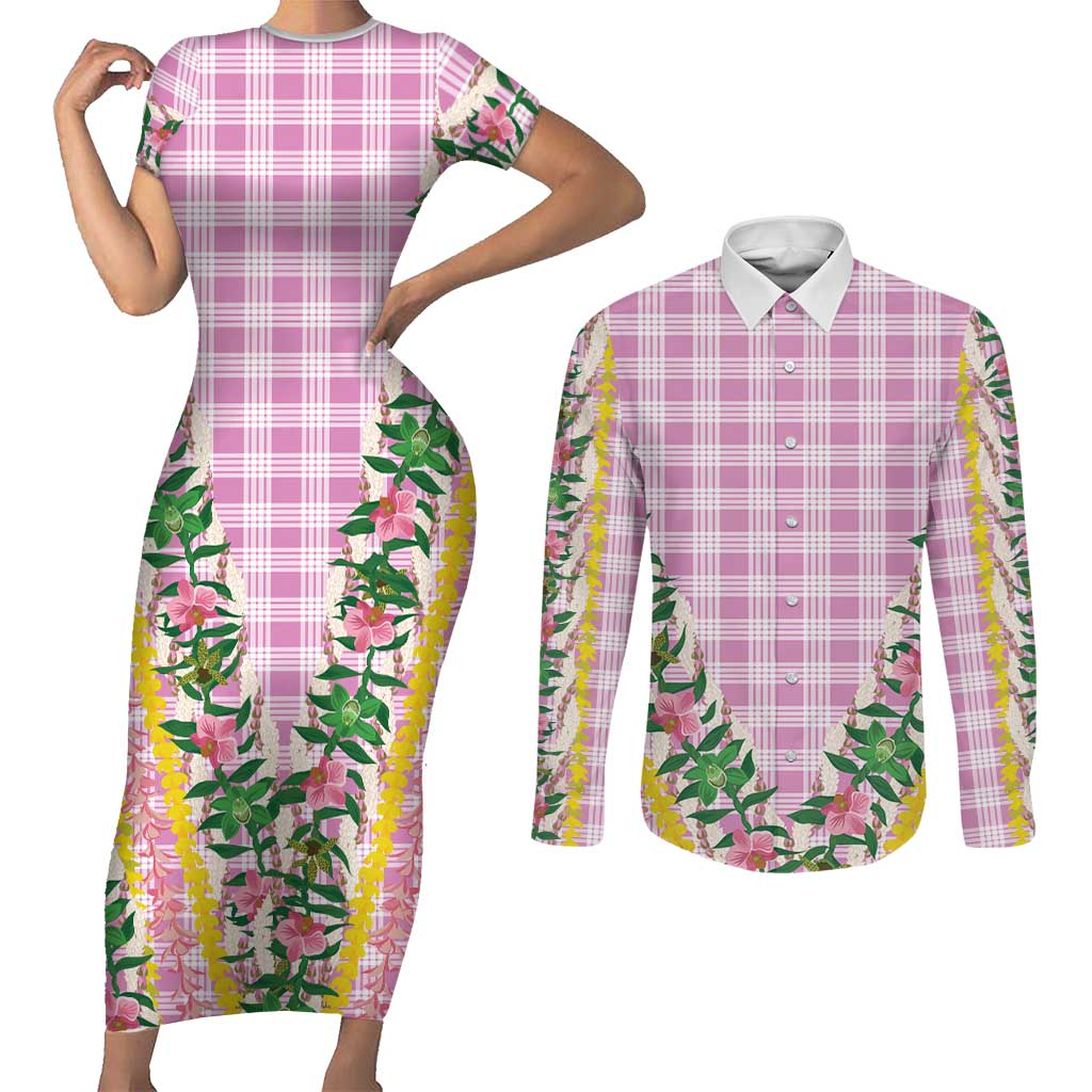Hawaii Pikake Lokelani Plumeria Lei Couples Matching Short Sleeve Bodycon Dress and Long Sleeve Button Shirt Pink Palaka Motifs