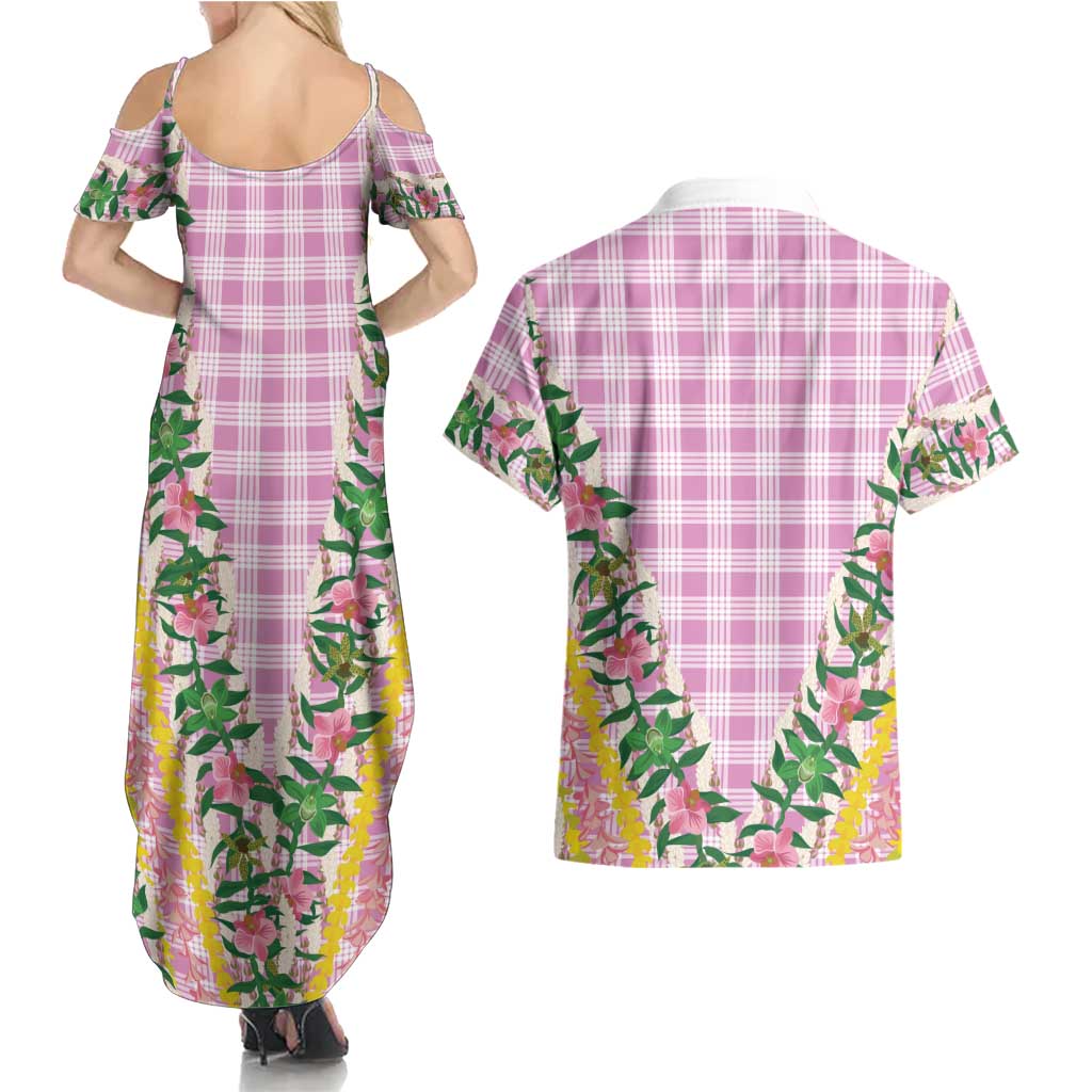 Hawaii Pikake Lokelani Plumeria Lei Couples Matching Summer Maxi Dress and Hawaiian Shirt Pink Palaka Motifs