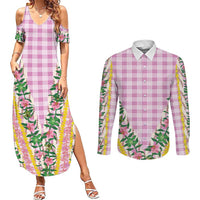 Hawaii Pikake Lokelani Plumeria Lei Couples Matching Summer Maxi Dress and Long Sleeve Button Shirt Pink Palaka Motifs LT05 Pink - Polynesian Pride