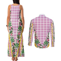 Hawaii Pikake Lokelani Plumeria Lei Couples Matching Tank Maxi Dress and Long Sleeve Button Shirt Pink Palaka Motifs