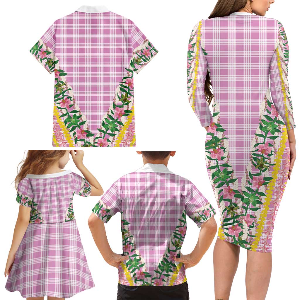 Hawaii Pikake Lokelani Plumeria Lei Family Matching Long Sleeve Bodycon Dress and Hawaiian Shirt Pink Palaka Motifs LT05 - Polynesian Pride