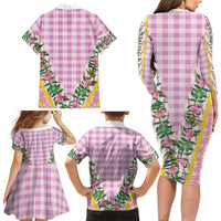 Hawaii Pikake Lokelani Plumeria Lei Family Matching Long Sleeve Bodycon Dress and Hawaiian Shirt Pink Palaka Motifs LT05 - Polynesian Pride