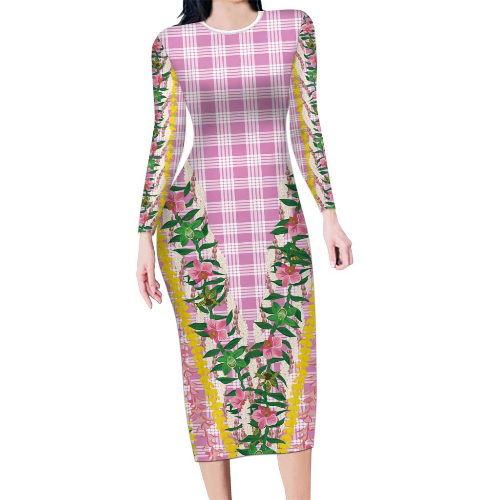 Hawaii Pikake Lokelani Plumeria Lei Family Matching Long Sleeve Bodycon Dress and Hawaiian Shirt Pink Palaka Motifs LT05 Mom's Dress Pink - Polynesian Pride