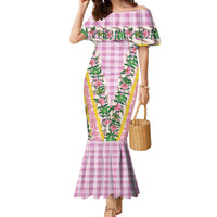 Hawaii Pikake Lokelani Plumeria Lei Family Matching Mermaid Dress and Hawaiian Shirt Pink Palaka Motifs LT05 Mom's Dress Pink - Polynesian Pride