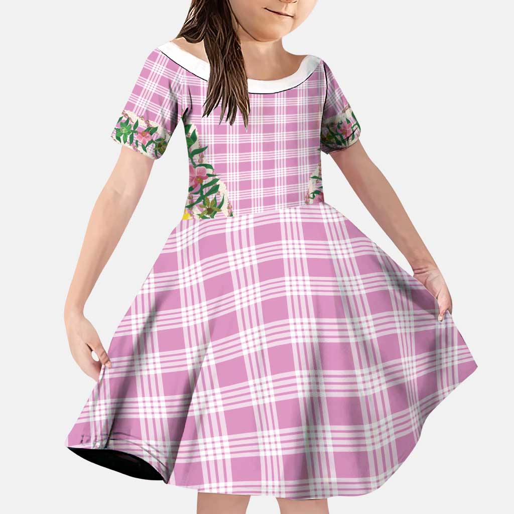 Hawaii Pikake Lokelani Plumeria Lei Family Matching Off The Shoulder Long Sleeve Dress and Hawaiian Shirt Pink Palaka Motifs LT05 Daughter's Dress Pink - Polynesian Pride