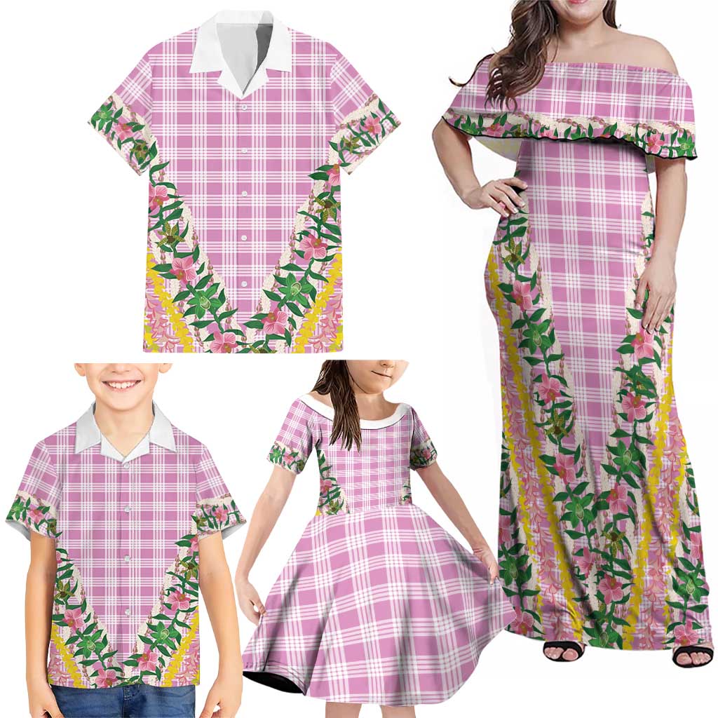 Hawaii Pikake Lokelani Plumeria Lei Family Matching Off Shoulder Maxi Dress and Hawaiian Shirt Pink Palaka Motifs LT05 - Polynesian Pride