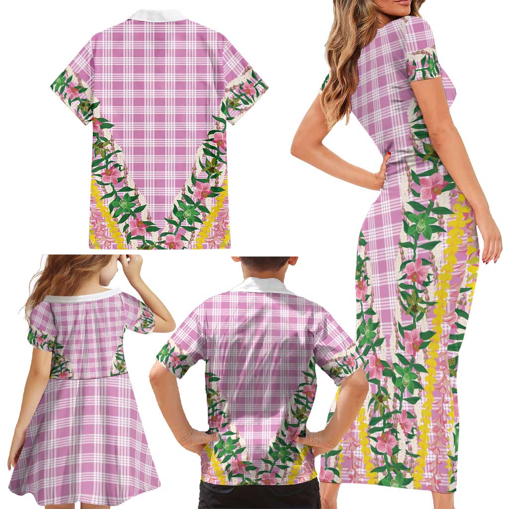 Hawaii Pikake Lokelani Plumeria Lei Family Matching Short Sleeve Bodycon Dress and Hawaiian Shirt Pink Palaka Motifs LT05 - Polynesian Pride