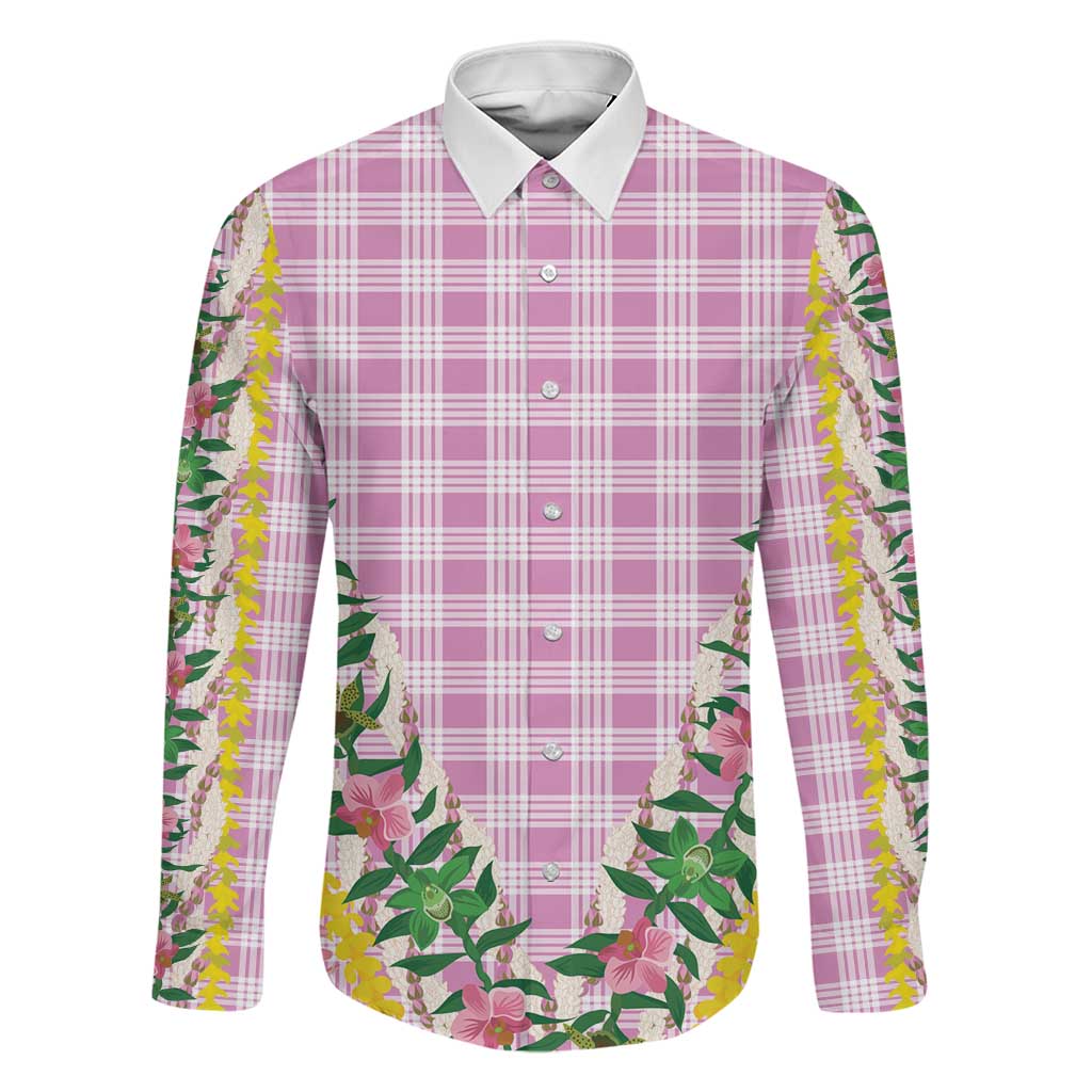 Hawaii Pikake Lokelani Plumeria Lei Family Matching Tank Maxi Dress and Hawaiian Shirt Pink Palaka Motifs LT05 Dad's Shirt - Long Sleeve Pink - Polynesian Pride
