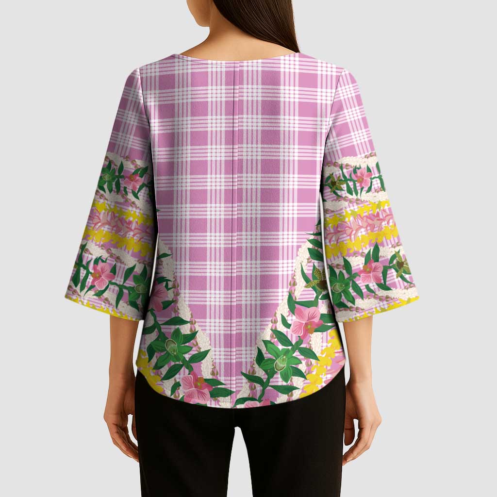Hawaii Pikake Lokelani Plumeria Lei Kimono Sleeve Blouse Pink Palaka Motifs LT05 - Polynesian Pride