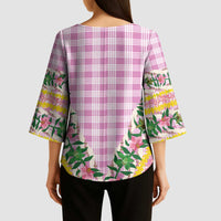 Hawaii Pikake Lokelani Plumeria Lei Kimono Sleeve Blouse Pink Palaka Motifs LT05 - Polynesian Pride