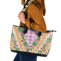 Hawaii Pikake Lokelani Plumeria Lei Leather Tote Bag Pink Palaka Motifs LT05 Pink - Polynesian Pride