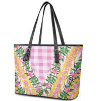 Hawaii Pikake Lokelani Plumeria Lei Leather Tote Bag Pink Palaka Motifs LT05 - Polynesian Pride