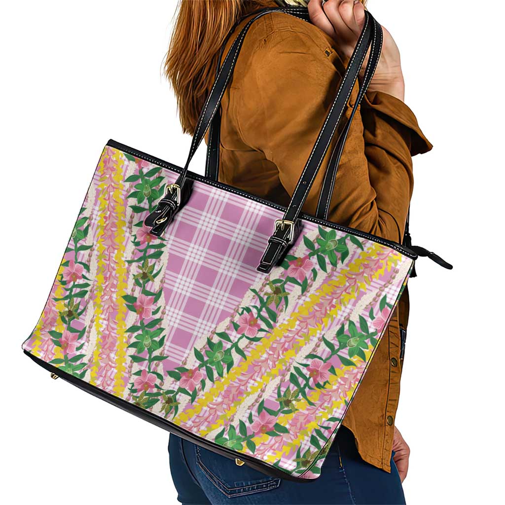 Hawaii Pikake Lokelani Plumeria Lei Leather Tote Bag Pink Palaka Motifs LT05 - Polynesian Pride