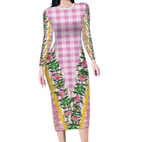 Hawaii Pikake Lokelani Plumeria Lei Long Sleeve Bodycon Dress Pink Palaka Motifs LT05 Long Dress Pink - Polynesian Pride