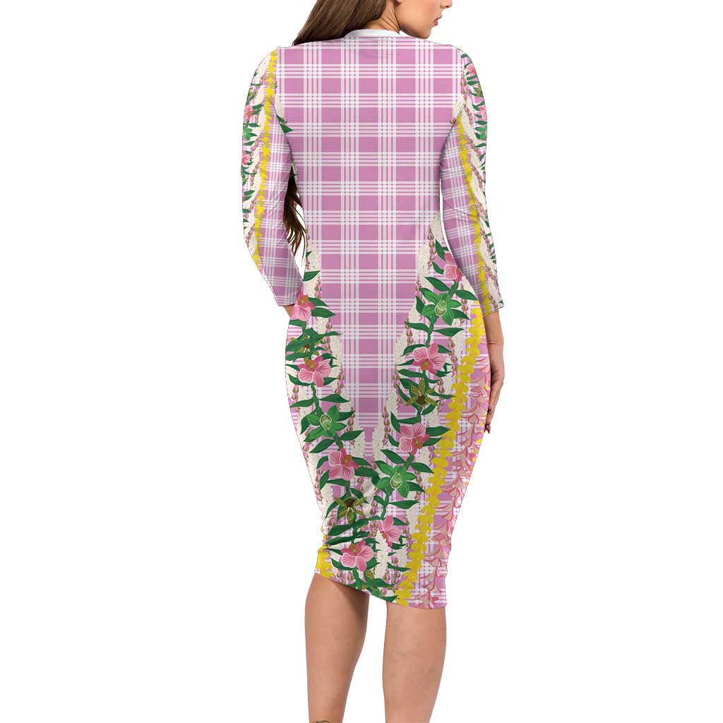 Hawaii Pikake Lokelani Plumeria Lei Long Sleeve Bodycon Dress Pink Palaka Motifs LT05 - Polynesian Pride