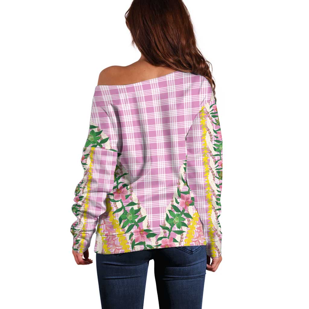 Hawaii Pikake Lokelani Plumeria Lei Off Shoulder Sweater Pink Palaka Motifs
