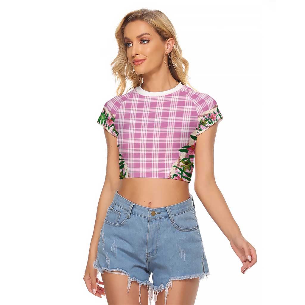 Hawaii Pikake Lokelani Plumeria Lei Raglan Cropped T Shirt Pink Palaka Motifs LT05 Female Pink - Polynesian Pride