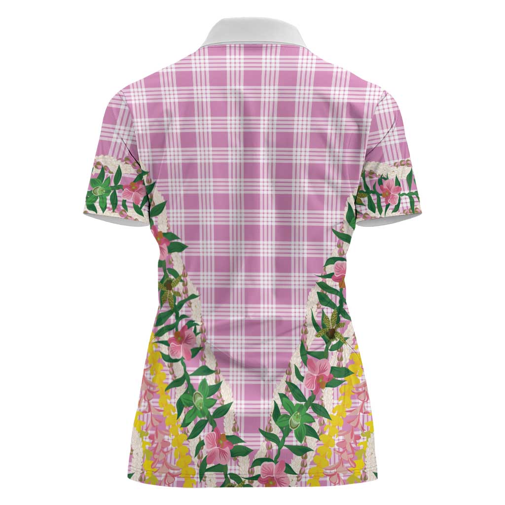 Hawaii Pikake Lokelani Plumeria Lei Women Polo Shirt Pink Palaka Motifs