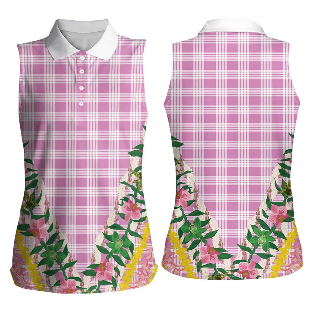 Hawaii Pikake Lokelani Plumeria Lei Women Sleeveless Polo Shirt Pink Palaka Motifs