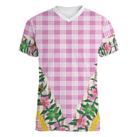 Hawaii Pikake Lokelani Plumeria Lei Women V-Neck T-Shirt Pink Palaka Motifs