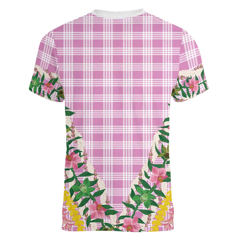 Hawaii Pikake Lokelani Plumeria Lei Women V-Neck T-Shirt Pink Palaka Motifs
