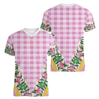 Hawaii Pikake Lokelani Plumeria Lei Women V-Neck T-Shirt Pink Palaka Motifs
