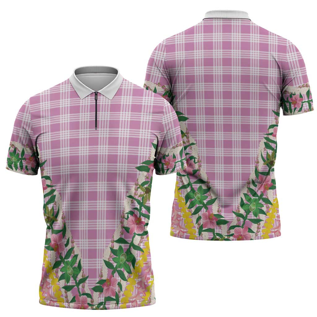 Hawaii Pikake Lokelani Plumeria Lei Zipper Polo Shirt Pink Palaka Motifs LT05 - Polynesian Pride