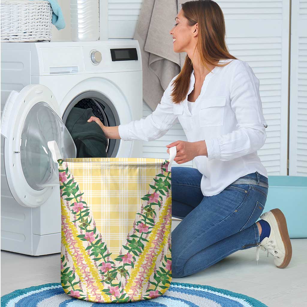 Hawaii Pikake Lokelani Plumeria Lei Laundry Basket Yellow Palaka Motifs